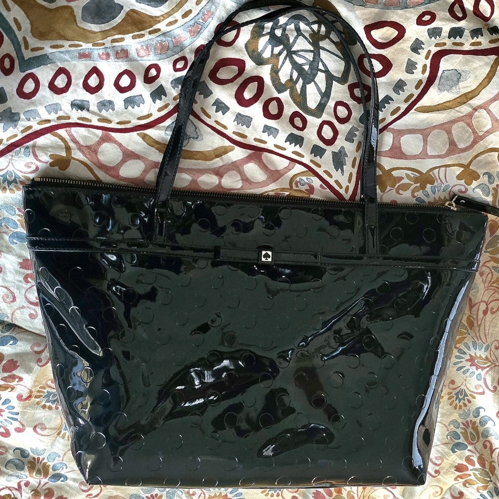Kate Spade New York Camellia Black Patent Leather Bow Large Tote Bag